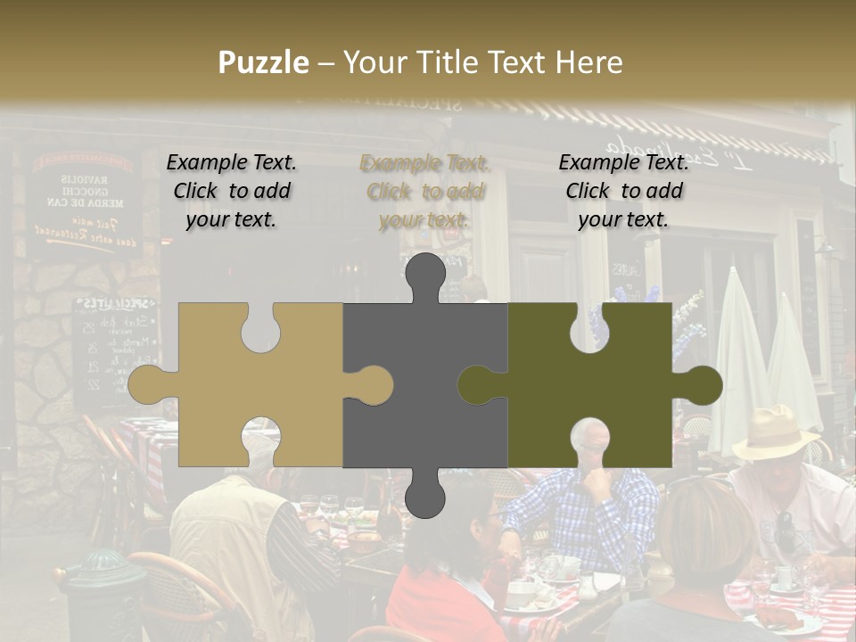 A Group Of People Sitting At A Table In Front Of A Building PowerPoint Template