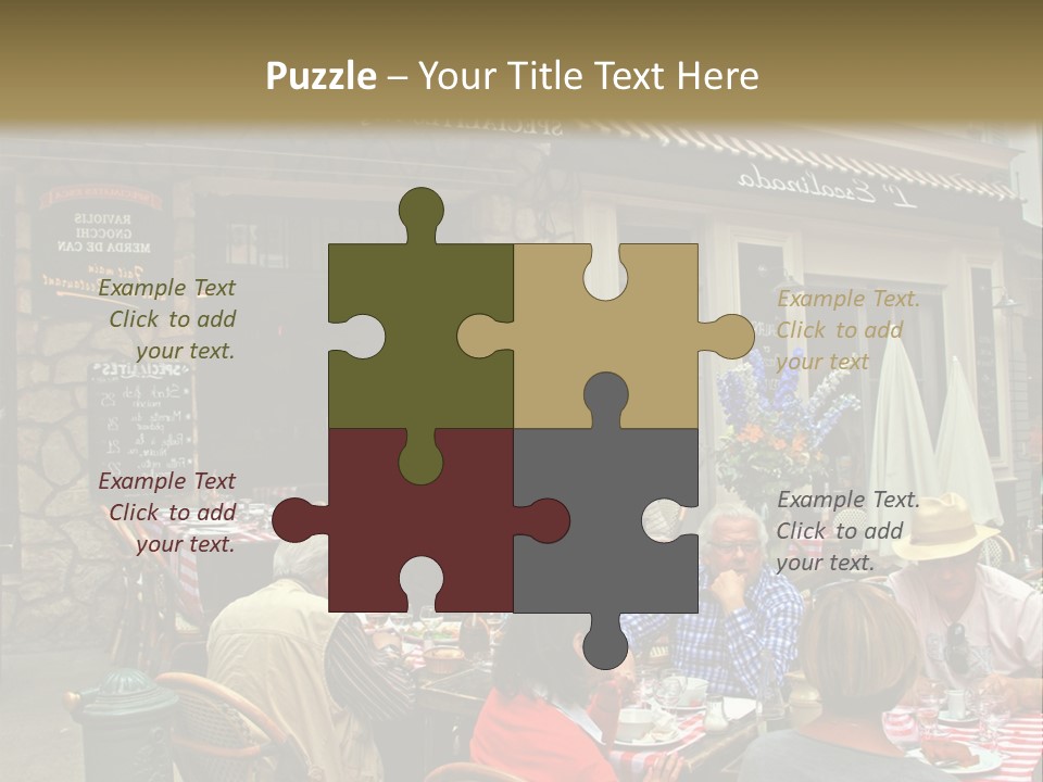 A Group Of People Sitting At A Table In Front Of A Building PowerPoint Template