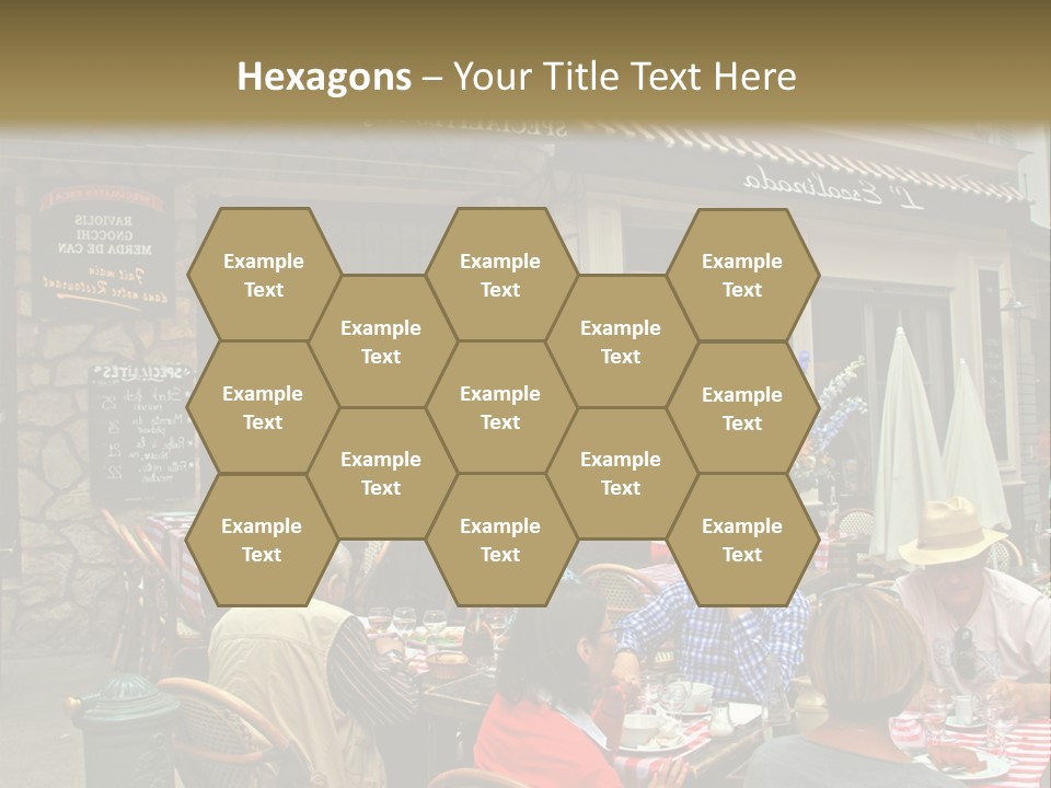 A Group Of People Sitting At A Table In Front Of A Building PowerPoint Template