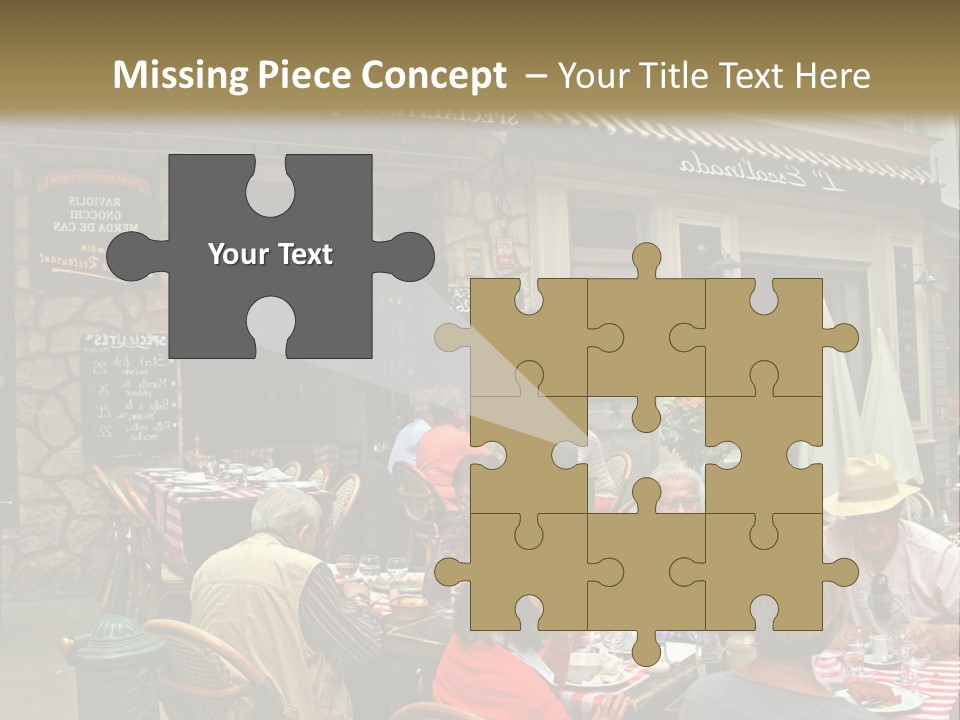 A Group Of People Sitting At A Table In Front Of A Building PowerPoint Template