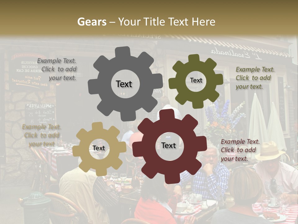 A Group Of People Sitting At A Table In Front Of A Building PowerPoint Template