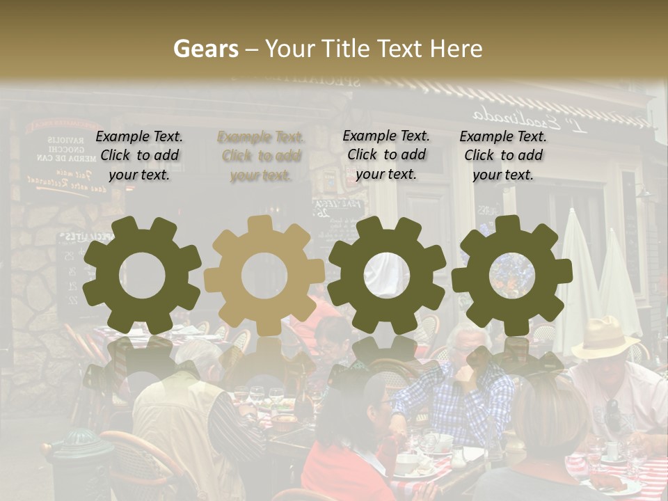 A Group Of People Sitting At A Table In Front Of A Building PowerPoint Template