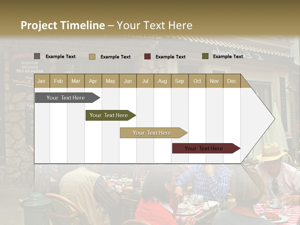 A Group Of People Sitting At A Table In Front Of A Building PowerPoint Template