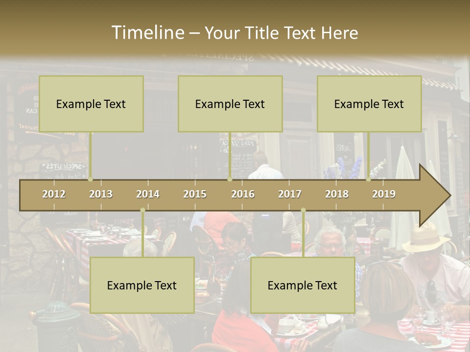 A Group Of People Sitting At A Table In Front Of A Building PowerPoint Template