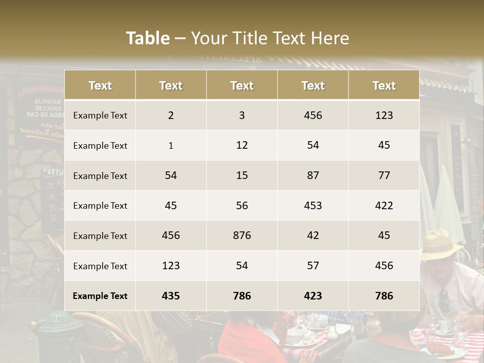 A Group Of People Sitting At A Table In Front Of A Building PowerPoint Template