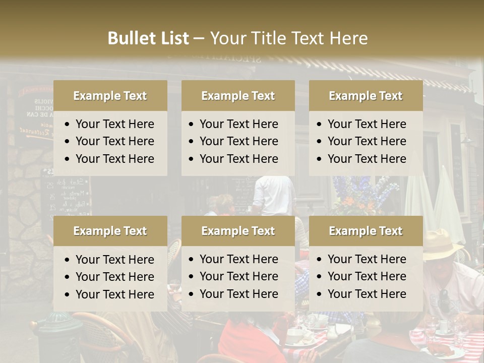 A Group Of People Sitting At A Table In Front Of A Building PowerPoint Template