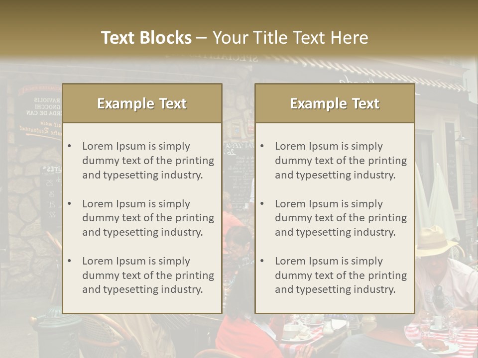 A Group Of People Sitting At A Table In Front Of A Building PowerPoint Template