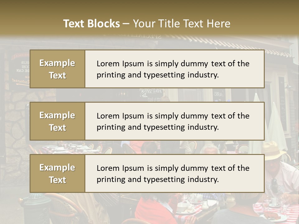 A Group Of People Sitting At A Table In Front Of A Building PowerPoint Template