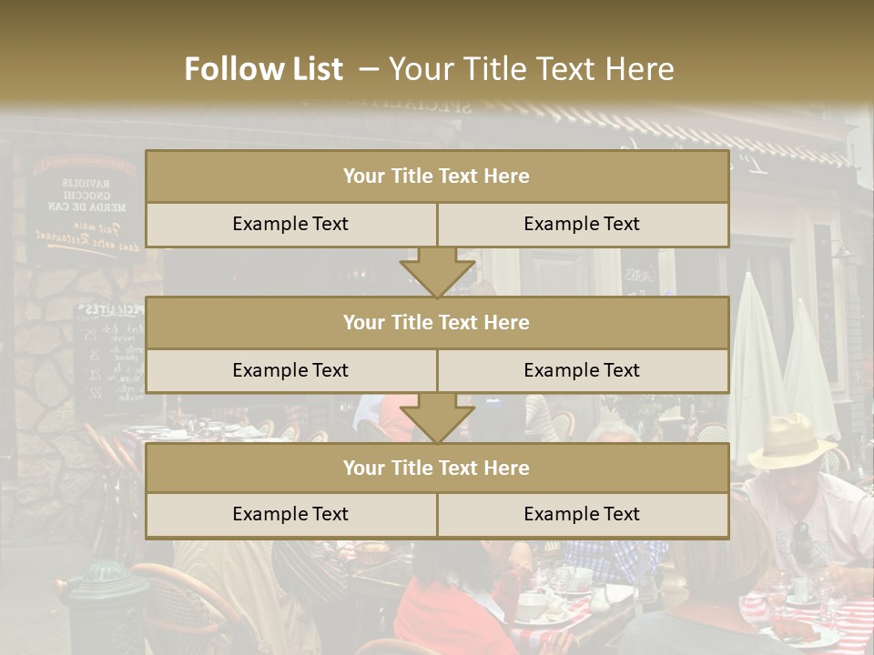 A Group Of People Sitting At A Table In Front Of A Building PowerPoint Template