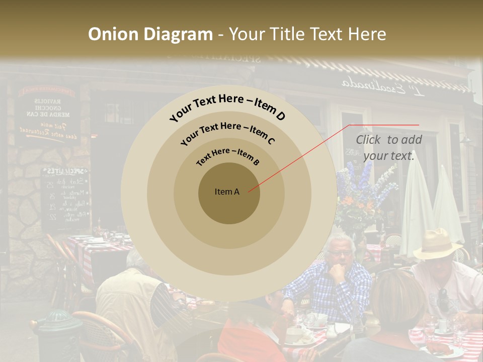 A Group Of People Sitting At A Table In Front Of A Building PowerPoint Template