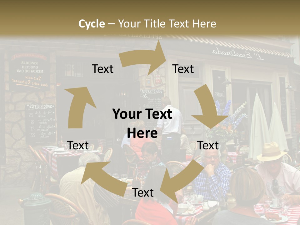 A Group Of People Sitting At A Table In Front Of A Building PowerPoint Template