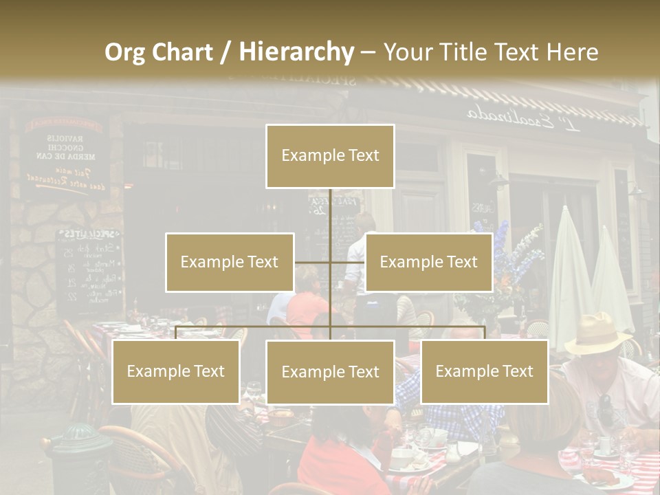 A Group Of People Sitting At A Table In Front Of A Building PowerPoint Template