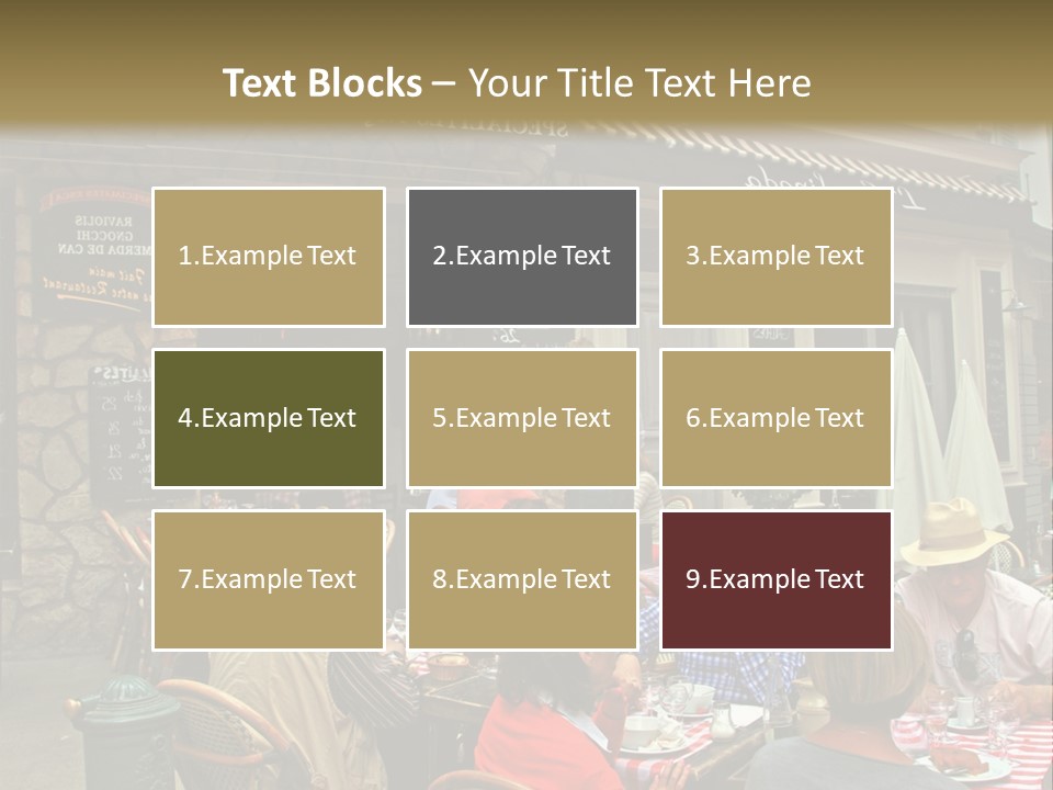 A Group Of People Sitting At A Table In Front Of A Building PowerPoint Template