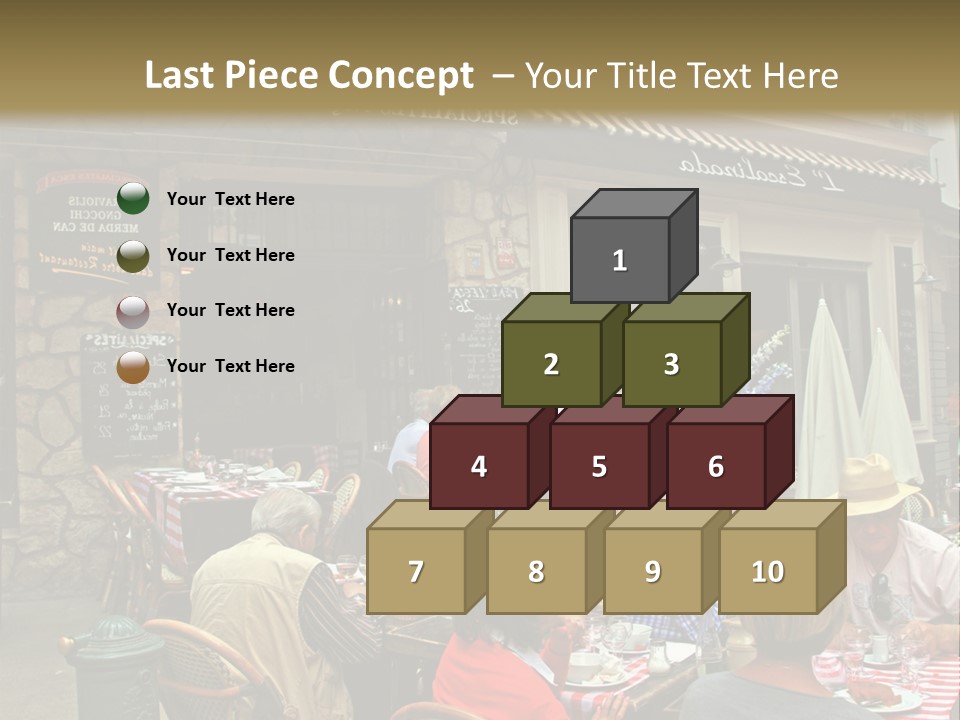 A Group Of People Sitting At A Table In Front Of A Building PowerPoint Template