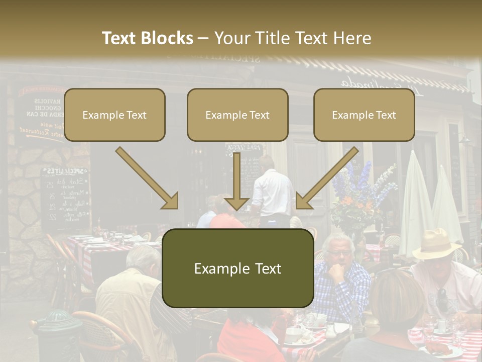 A Group Of People Sitting At A Table In Front Of A Building PowerPoint Template