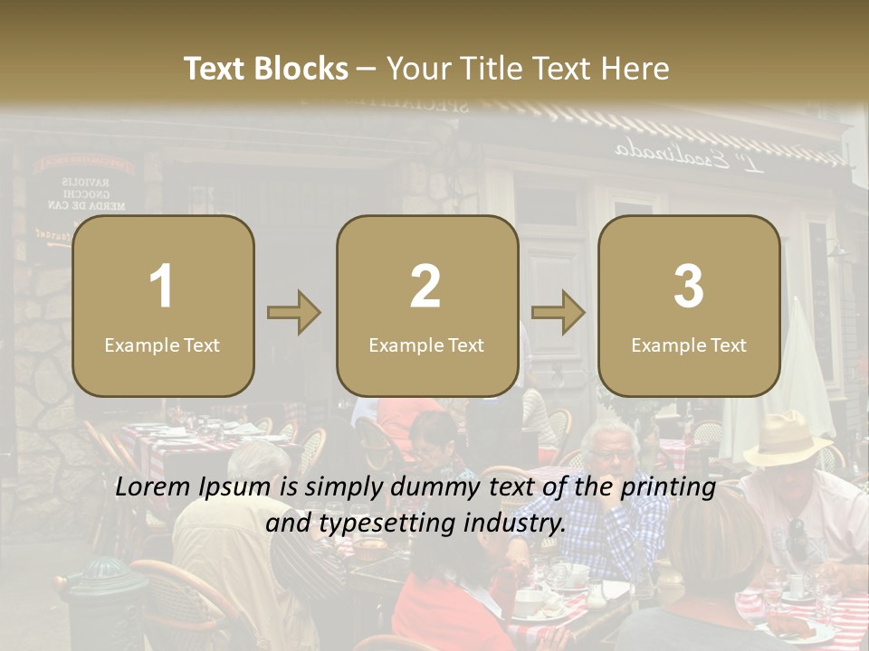 A Group Of People Sitting At A Table In Front Of A Building PowerPoint Template