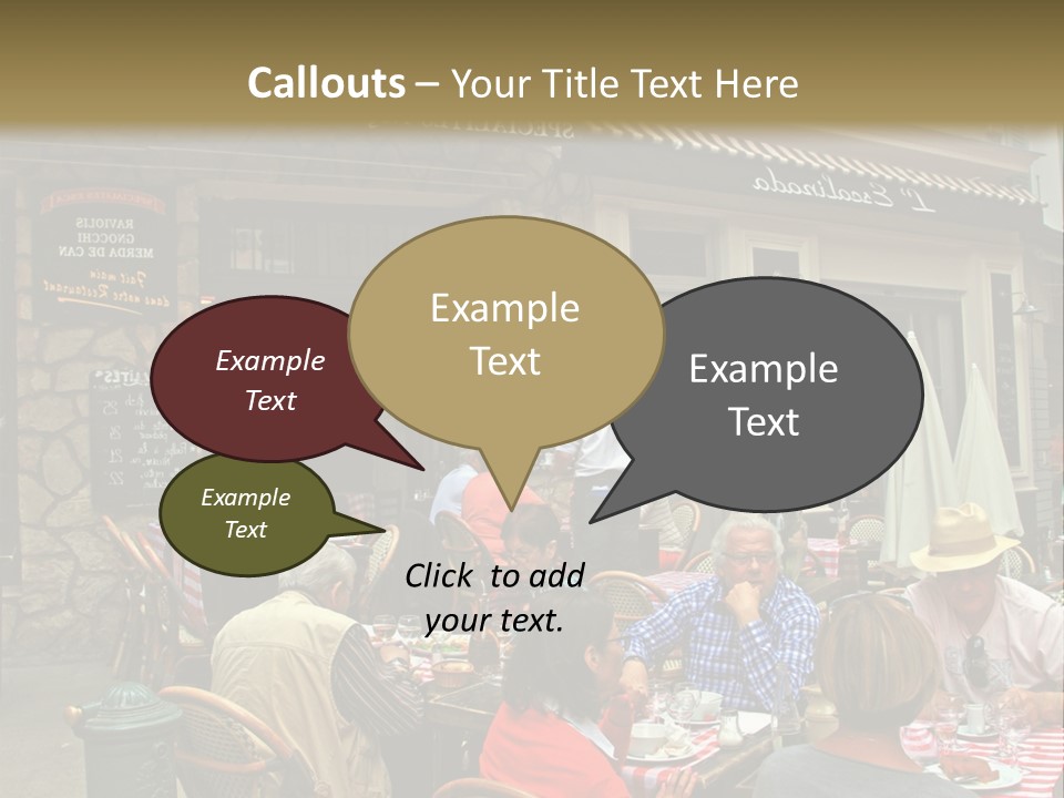 A Group Of People Sitting At A Table In Front Of A Building PowerPoint Template