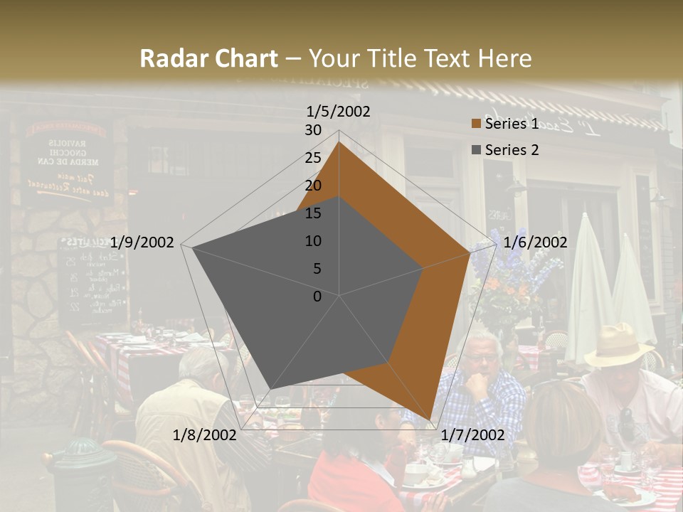 A Group Of People Sitting At A Table In Front Of A Building PowerPoint Template