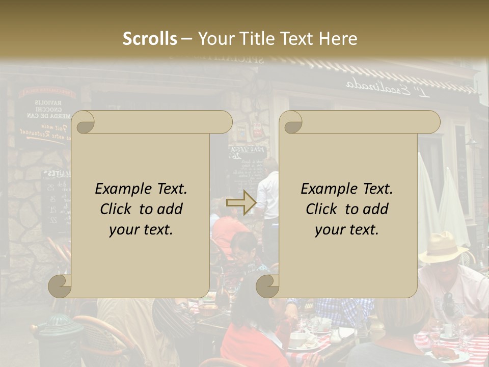 A Group Of People Sitting At A Table In Front Of A Building PowerPoint Template