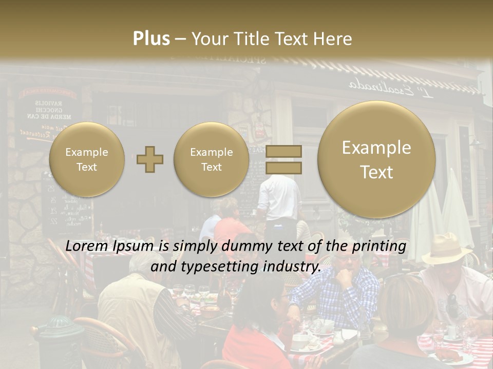 A Group Of People Sitting At A Table In Front Of A Building PowerPoint Template