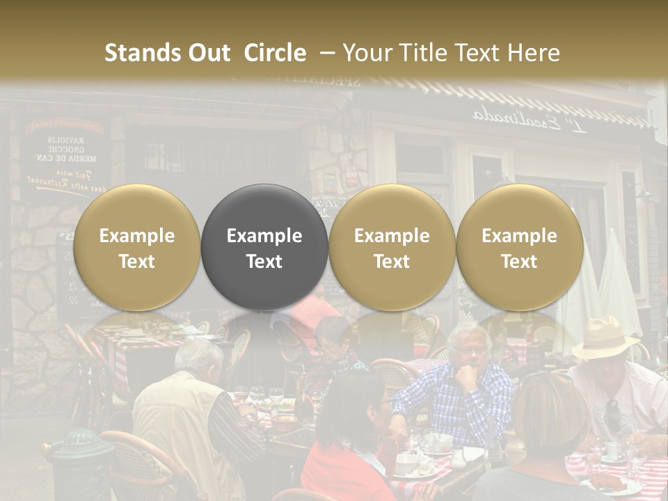 A Group Of People Sitting At A Table In Front Of A Building PowerPoint Template