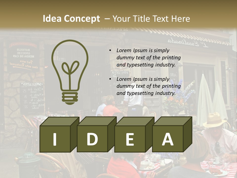 A Group Of People Sitting At A Table In Front Of A Building PowerPoint Template