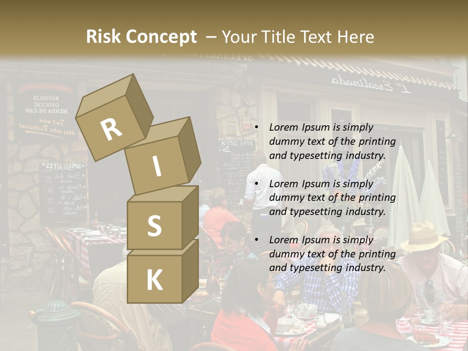 A Group Of People Sitting At A Table In Front Of A Building PowerPoint Template