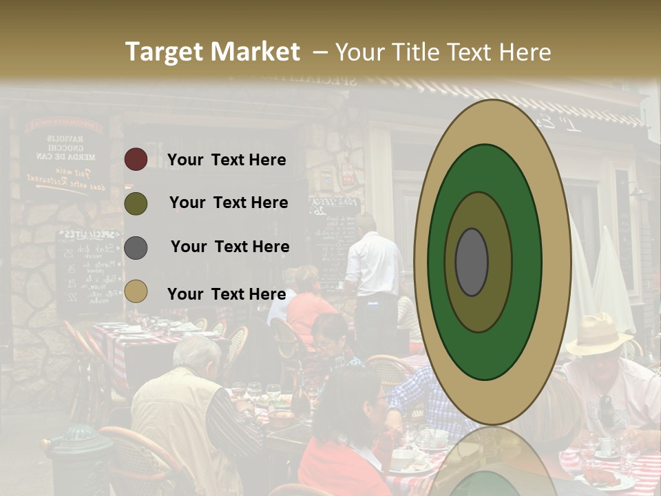 A Group Of People Sitting At A Table In Front Of A Building PowerPoint Template