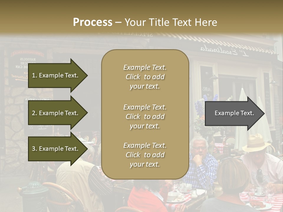 A Group Of People Sitting At A Table In Front Of A Building PowerPoint Template