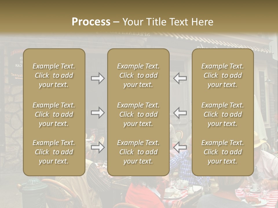 A Group Of People Sitting At A Table In Front Of A Building PowerPoint Template