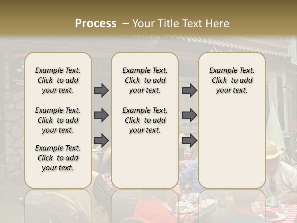 A Group Of People Sitting At A Table In Front Of A Building PowerPoint Template