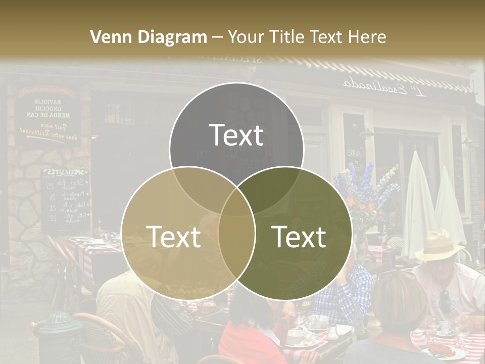 A Group Of People Sitting At A Table In Front Of A Building PowerPoint Template