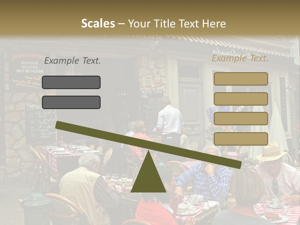 A Group Of People Sitting At A Table In Front Of A Building PowerPoint Template