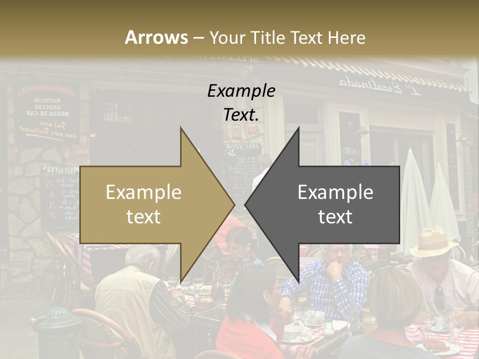 A Group Of People Sitting At A Table In Front Of A Building PowerPoint Template