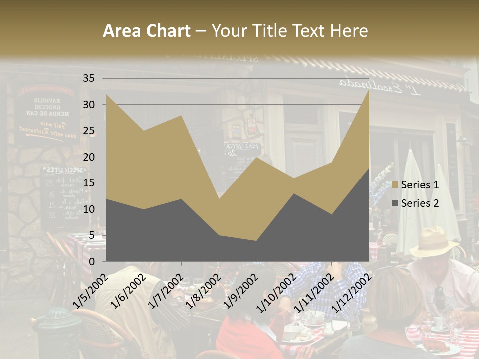 A Group Of People Sitting At A Table In Front Of A Building PowerPoint Template