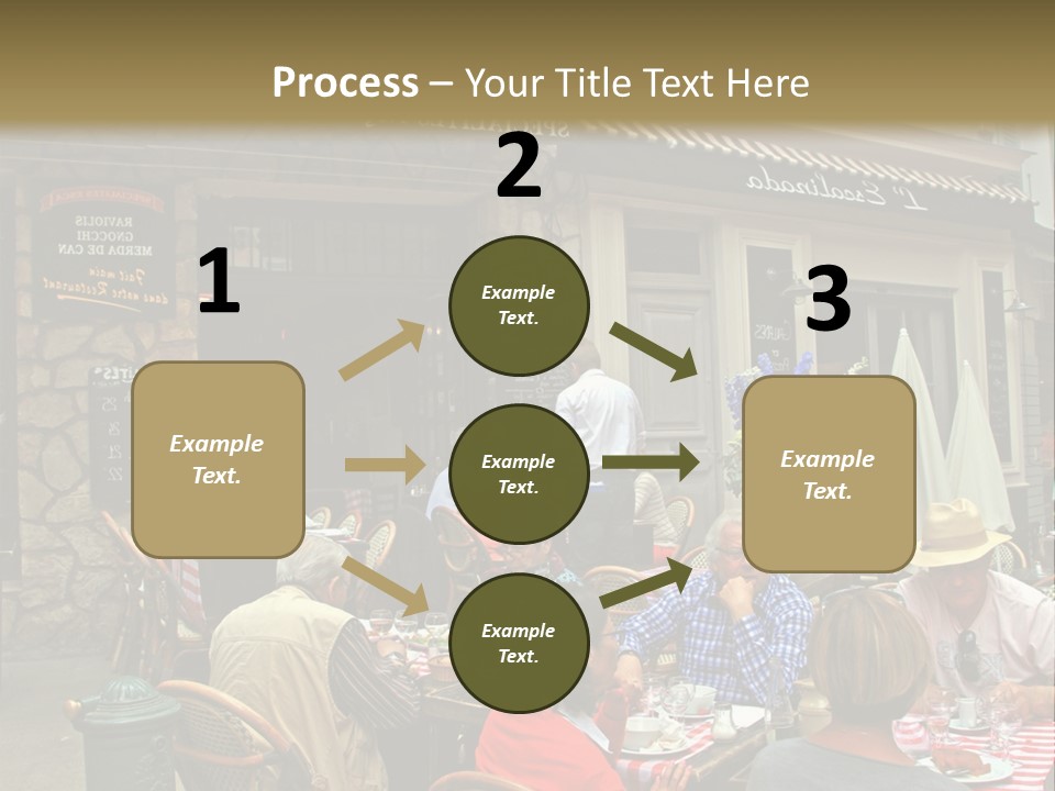 A Group Of People Sitting At A Table In Front Of A Building PowerPoint Template
