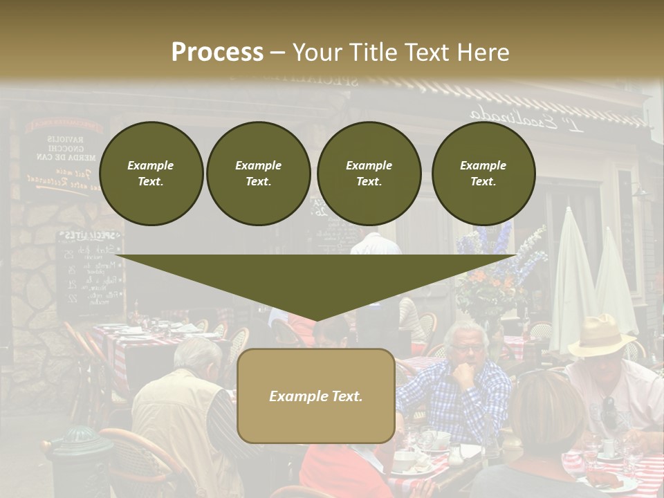 A Group Of People Sitting At A Table In Front Of A Building PowerPoint Template