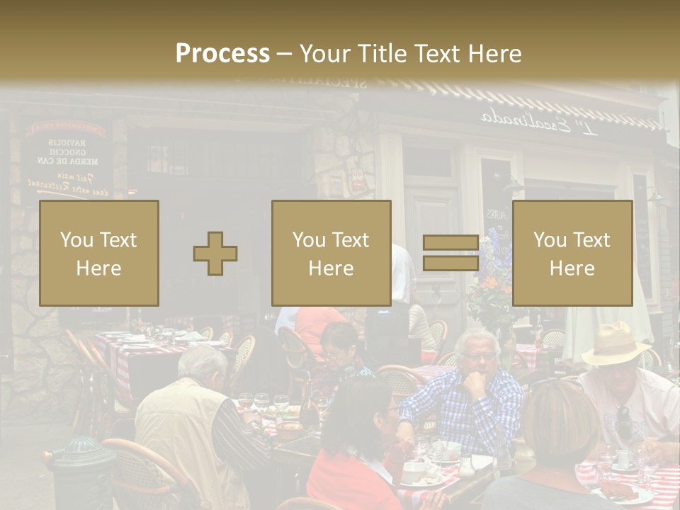 A Group Of People Sitting At A Table In Front Of A Building PowerPoint Template