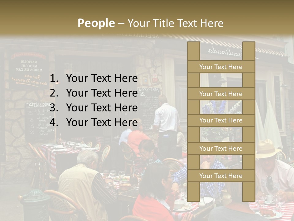 A Group Of People Sitting At A Table In Front Of A Building PowerPoint Template