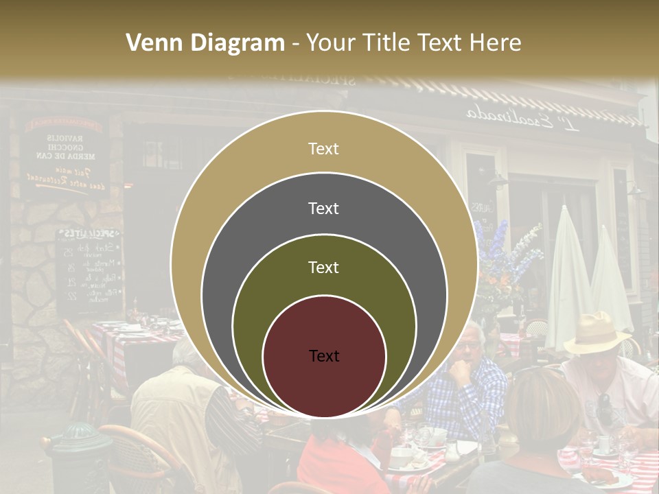 A Group Of People Sitting At A Table In Front Of A Building PowerPoint Template