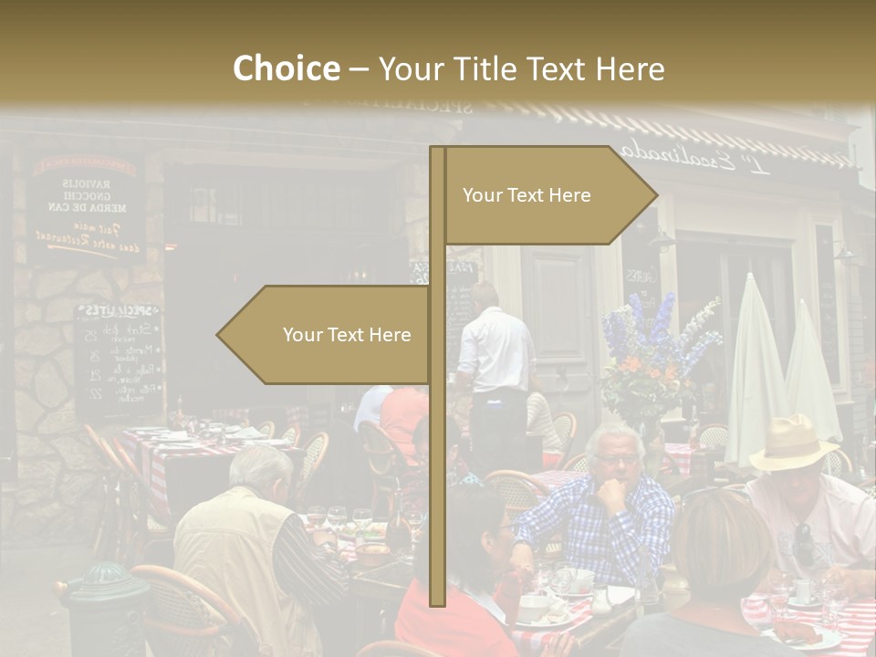 A Group Of People Sitting At A Table In Front Of A Building PowerPoint Template