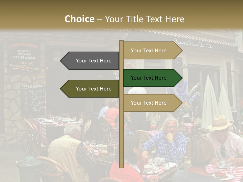 A Group Of People Sitting At A Table In Front Of A Building PowerPoint Template