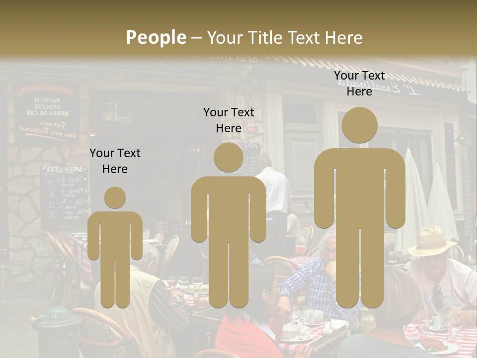 A Group Of People Sitting At A Table In Front Of A Building PowerPoint Template