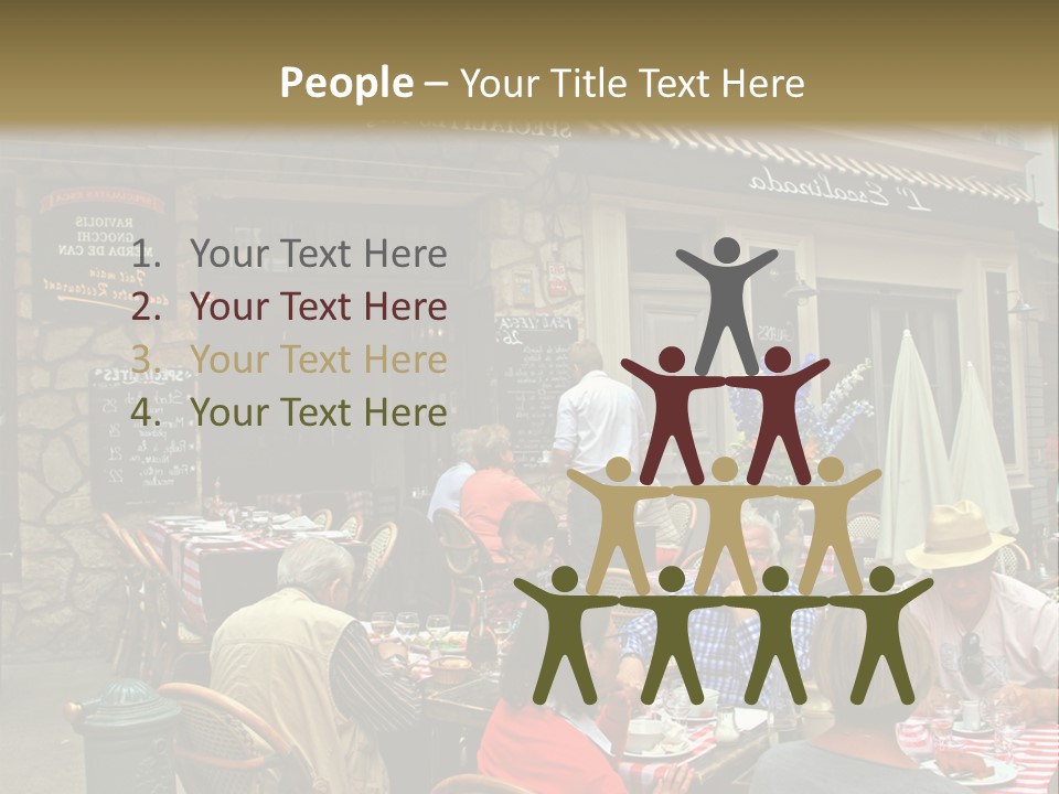 A Group Of People Sitting At A Table In Front Of A Building PowerPoint Template