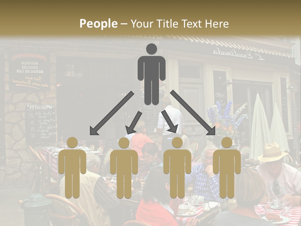 A Group Of People Sitting At A Table In Front Of A Building PowerPoint Template
