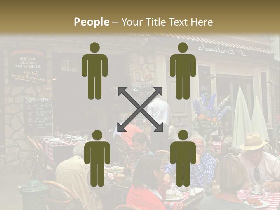 A Group Of People Sitting At A Table In Front Of A Building PowerPoint Template