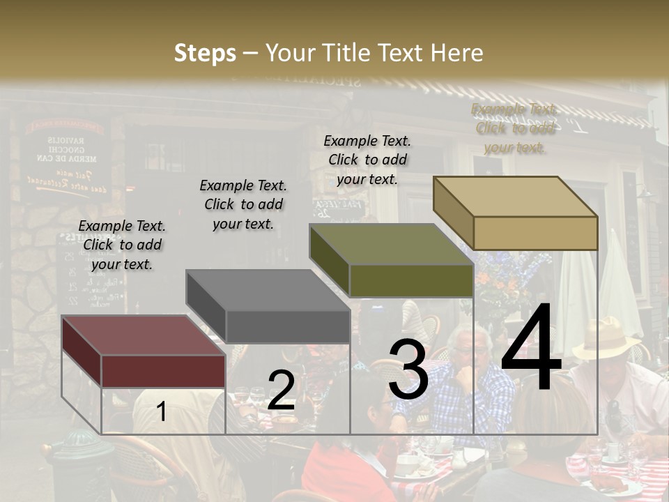A Group Of People Sitting At A Table In Front Of A Building PowerPoint Template