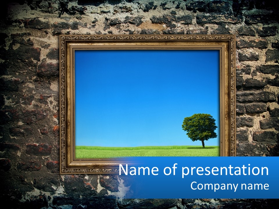 A Picture Of A Tree In A Frame On A Brick Wall PowerPoint Template