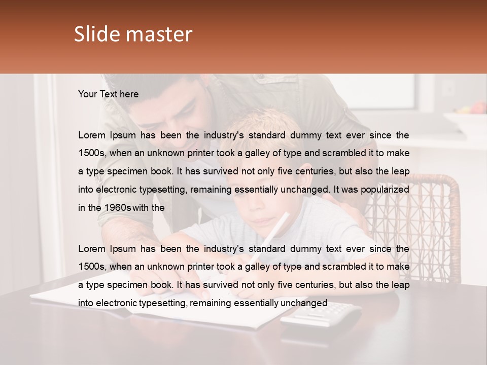 A Man Helping A Young Boy Write Something On A Piece Of Paper PowerPoint Template