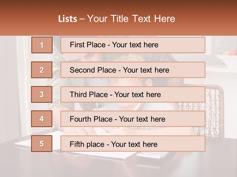A Man Helping A Young Boy Write Something On A Piece Of Paper PowerPoint Template